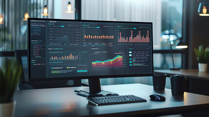 Computer screen with an open business intelligence platform displaying key performance indicators, financial growth statistics, and progress charts on a dark-themed dashboard.