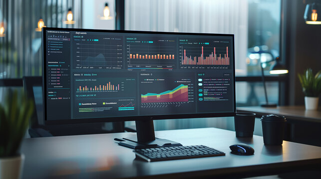 Computer screen with an open business intelligence platform displaying key performance indicators, financial growth statistics, and progress charts on a dark-themed dashboard.
