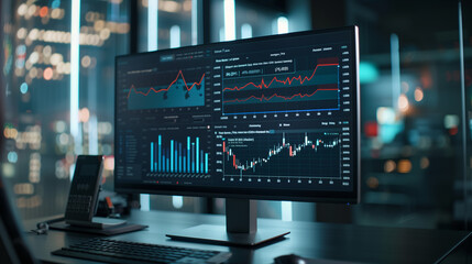 Computer screen with an open business intelligence platform displaying key performance indicators, financial growth statistics, and progress charts on a dark-themed dashboard.