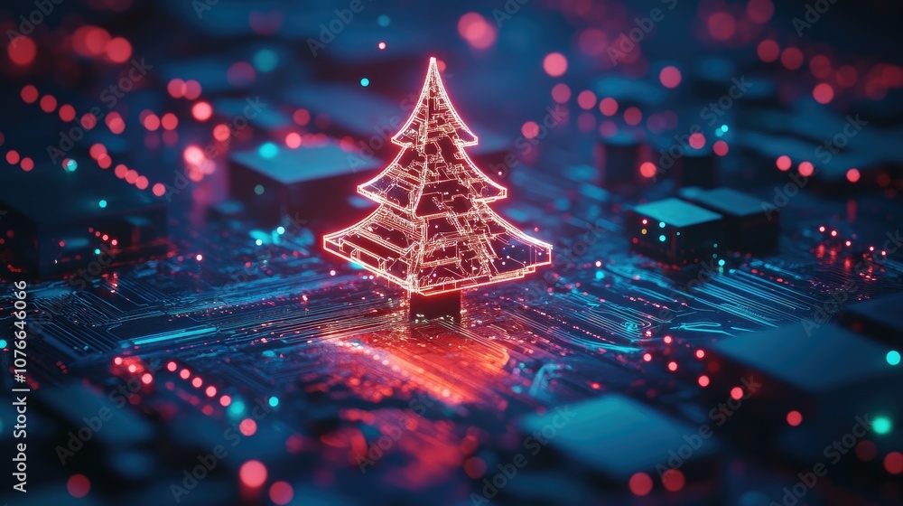 Poster digital christmas tree on circuit board background