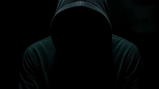 Anonymous Person in Black Hoodie Hidden in Shadow. Mystery, Secrecy, Anonymity, Hacker, and Crime Concept. 4K Video Footage.