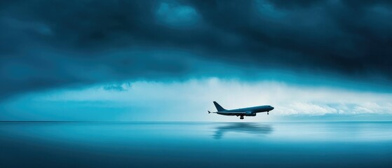 Fototapeta premium Airplane flying low over calm water with dark clouds above.