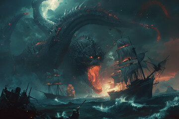 Terrifying scary sea monster in dark depths of deep ocean