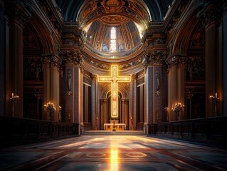 Fototapeta premium Serene Interior of a Magnificent Church with a Golden Cross Reflecting Warm Sunlight During a Quiet Moment of Reflection and Contemplation