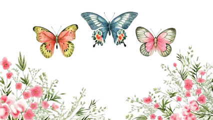 Fototapeta premium Watercolor flowers and butterflies on a white background. Hand drawn illustration