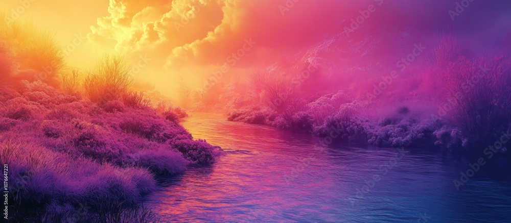 Poster a mystical river flows through a colorful landscape with fluffy clouds in the sky.