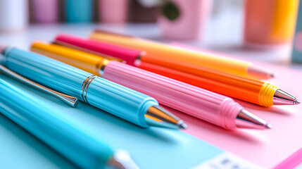 Fototapeta premium Colorful Collection of Pens on Pastel Desk Setup