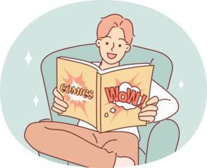Man with smile on face reads comics about superheroes saving world, sitting in chair. Happy guy collects comics and laughs at funny stories or images of fantastic heroes ready to defend humanity