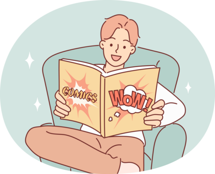 Man with smile on face reads comics about superheroes saving world, sitting in chair. Happy guy collects comics and laughs at funny stories or images of fantastic heroes ready to defend humanity