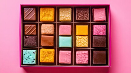 Fototapeta premium Colorful Assorted Chocolates on Pink Background