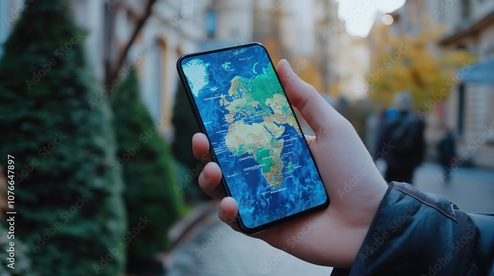 Poster a person holding a smartphone displaying a colorful world map in an urban setting.