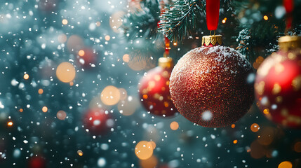 Glittering Red Christmas Baubles Hanging on Snow-Dusted Pine Branch