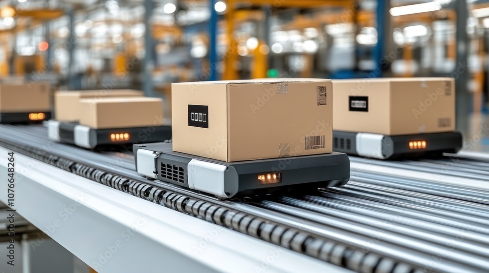 Poster automated conveyor belt system with cardboard boxes moving along it.