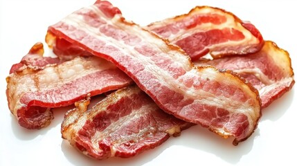Obraz premium A close-up of crispy cooked bacon strips on a white background.