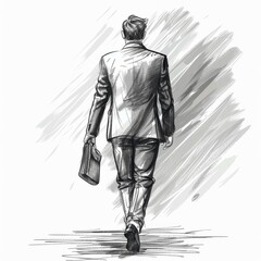 Fototapeta premium Elegant Sketch of a Businessman Walking Away with Briefcase in Hand