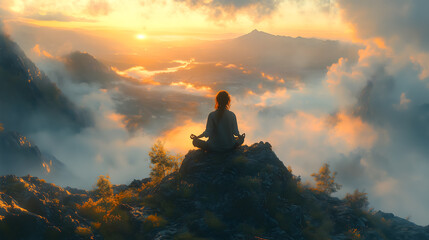 Obraz premium Serene Meditation on Mountain Peak at Sunrise Above Clouds