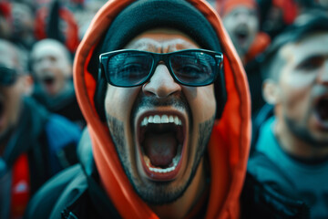 Passionate Sports Fan with Painted Face Cheering at Football Match – Generative AI