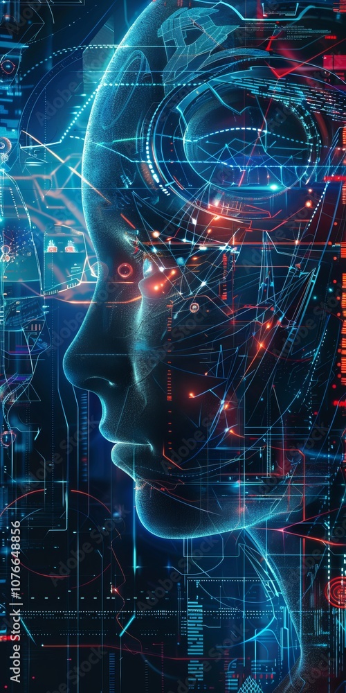 Poster a computer generated face with a red eye