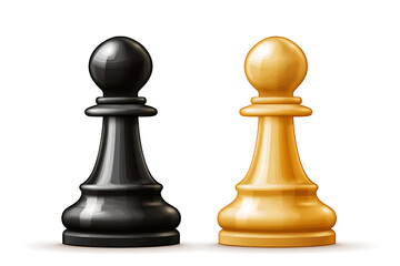 Two pawn chess pieces, one black and one gold, stand on a white background, ready for a game of strategy
