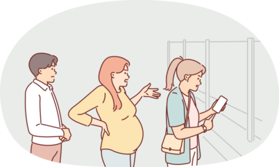 Pregnant woman stands in queues and impatiently shouts to hurry staff of pharmacy or grocery store. Annoyed customers swear after long wait due to queues and poor service from pharmacist.