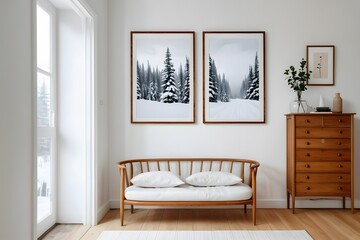 Cozy white hallway with wooden furniture and snow or winter photo frame decor.