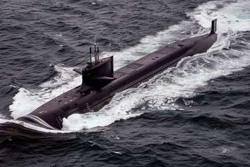 Fototapeta premium Beautiful large submarine floating in middle of ocean during mission