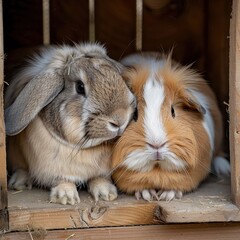 A Fluffy Rabbit and a Gentle Guinea Pig Snuggled Up Together in a Cozy Hutch