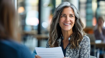 Smiling mature business woman hr holding cv document at job interview. Happy mid aged professional banking manager or lawyer consulting client sitting at workplace in corporate office meeting.