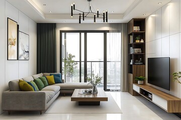 Elegant 3D Rendered Living Room with Marble Floors and Sophisticated Decor