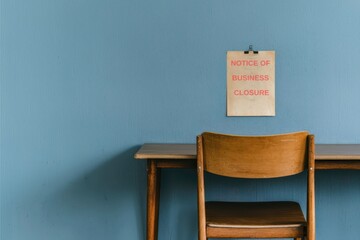 Business failure concept. A simple wooden chair sits at a table against a blue wall, with a notice pinned above it, creating a minimalist and contemplative atmosphere.