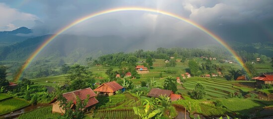Fototapeta premium Rainbow Over Lush Green Rice Terraces