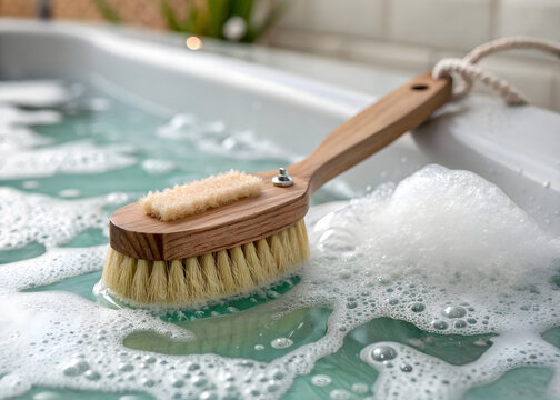 Relaxing bath with eco-friendly wooden brush floating in soapy bubbles.