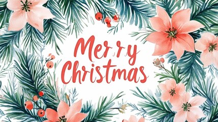 Obraz premium Delicate watercolor painting showcasing a beautiful Christmas wreath made of pine branches mistletoe and delicate flowers in soft red and green hues