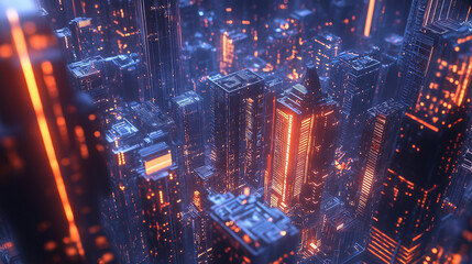 Fototapeta premium Hyper-realistic 3D digital art of a cityscape with intricate details and dynamic lighting effects