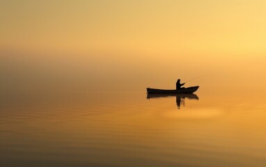 A serene scene of a person fishing from a boat during a golden sunset, casting reflections on the calm water.
