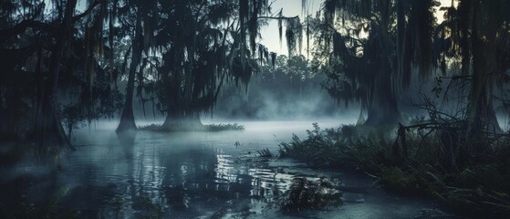 Mysterious foggy swamp with ancient trees, their branches hanging low, reflecting in the calm water under the eerie light.