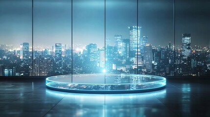 Fototapeta premium Transparent Glass Podium with Glowing Cityscape Background Suggesting Innovation and Urban Sophistication