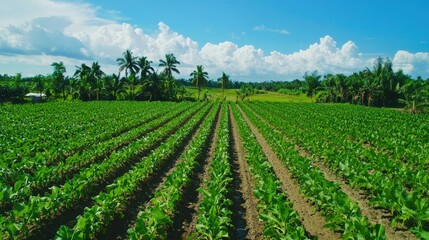 A vast, vibrant field of tobacco plants under a clear blue sky.