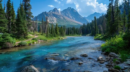 Serene Mountain River Scene with Lush Greenery