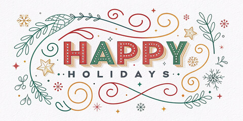Clean White Happy Holidays in Bold Typography Banner with Decorative Line Swirls on White Background