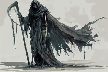 Scary grim reaper with sharp scythe in hell with dramatic background