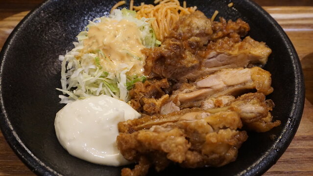 Japanese Chicken Nanban Set Meal with Fried Chicken, Shredded Cabbage, and Mayo Sauce