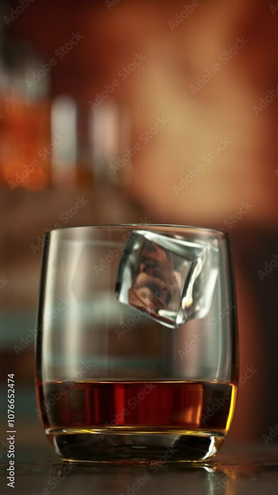 Poster super slow motion of falling ice into glass of whiskey. filmed on high speed cinema camera, 1000 fps