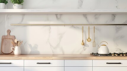 Modern kitchen with wooden shelves, plants, jars, and utensils. Bright
, organized, and cozy with natural light and stylish decor.