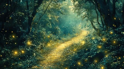 Enchanted forest path with a mystical atmosphere and glowing fireflies in a whimsical watercolor style creating a fairytale like woodland scene filled with tranquility and wonder