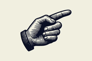  Hand pointing, showing direction. Pointing finger. Vintage vector engraving illustration, emblem, sign. Hand drawn black sketch