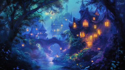 Illustration cover featuring a whimsical fantasy scene with a magical forest, glowing creatures, and a charming castle in the background