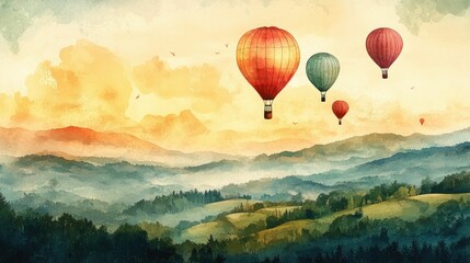 Whimsical air balloons gracefully floating over a rolling pastoral landscape with soft pastel skies in a beautiful watercolor style  This image evokes a sense of wonder adventure