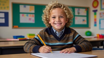 Cute boy, primary school, child sits at desk and smiles. Lessons, classes, tutor, education