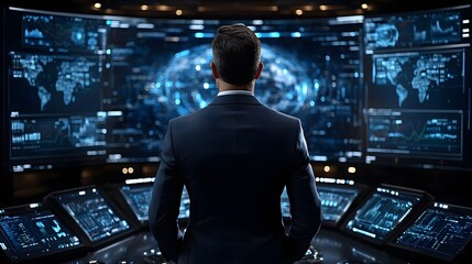 Fototapeta premium Financial analyst studying stock market trends in 2025, digital charts, global data insights, futuristic display,